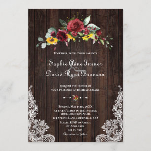 Fall Burgundy Floral Sunflowers Wood Lace Wedding Invitation