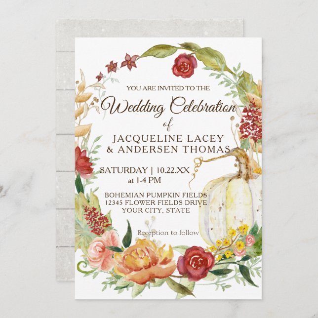 Fall Burgundy Floral White Pumpkin Wreath Wedding Invitation (Front/Back)