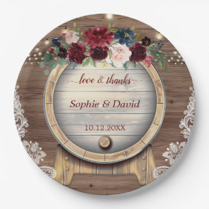 Fall Burgundy Floral Wine Barrel Vineyard Wedding Paper Plate