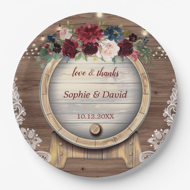 Fall Burgundy Floral Wine Barrel Vineyard Wedding Paper Plate (Front)