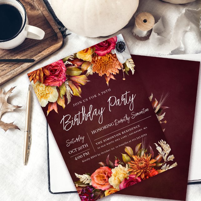 Fall Burgundy Flowers Chic Script 70th Birthday Invitation (Chic Fall 70th Birthday Party Invite. Burgundy Red, Terracotta Orange, Golden Yellow earth colors.)