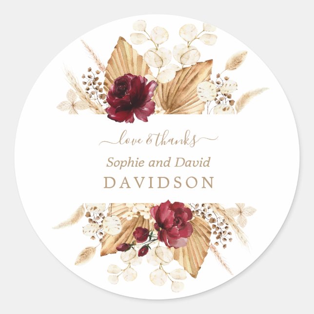 Fall Burgundy Flowers Pampas Grass Palm Wedding  Classic Round Sticker (Front)