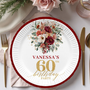Fall Burgundy Gold Eucalyptus 60th Birthday Paper Plate