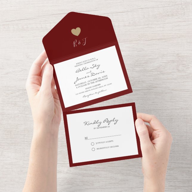 Fall Burgundy Heart All in One Wedding Invitation (Tearaway)