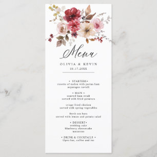 Fall Burgundy Maroon Pink Rustic Floral Wedding Menu