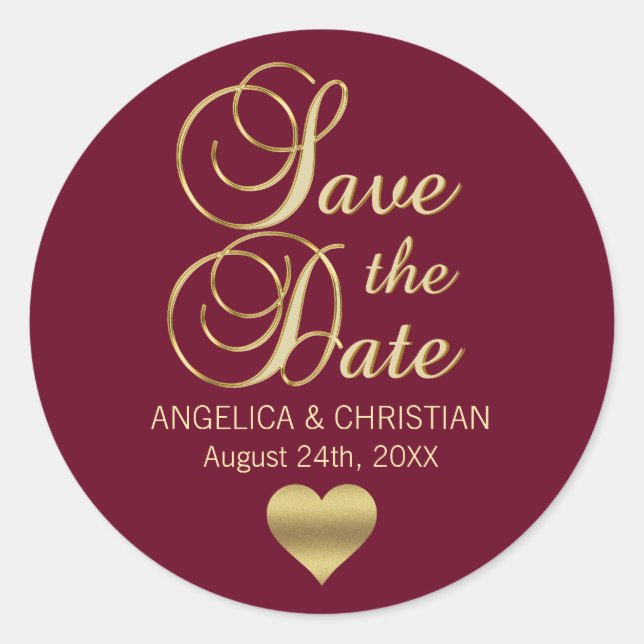 Fall Burgundy Marsala Gold SAVE THE DATE Wedding Classic Round Sticker (Front)
