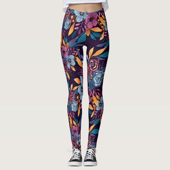 Fall Burgundy Navy Mustard Watercolor Flowers Art Leggings (Front)