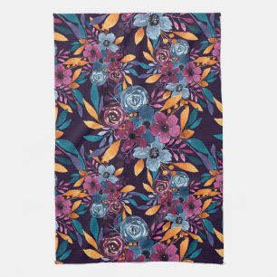 Fall Burgundy Navy Mustard Watercolor Flowers Art Tea Towel