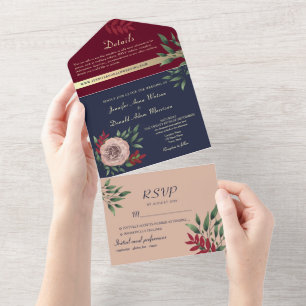 Fall Burgundy Navy Seal and Send Wedding All In One Invitation
