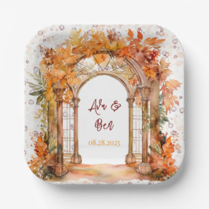 Fall Burgundy Orange Alcohol Ink Floral Wedding Paper Plate