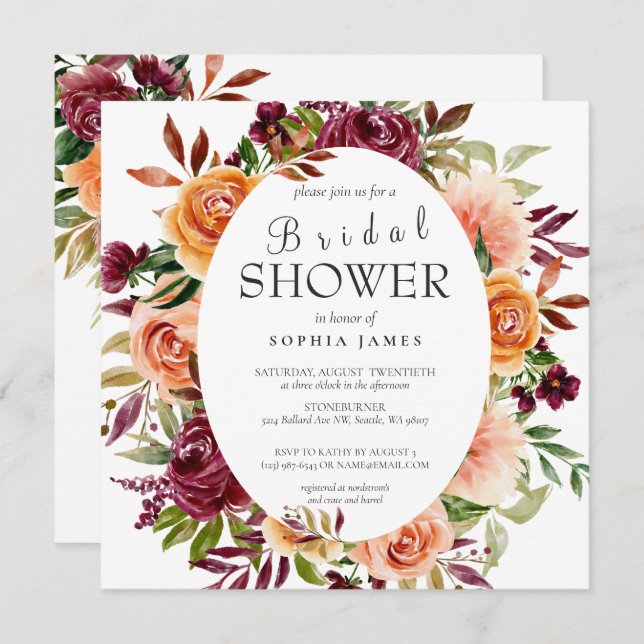 Fall Burgundy Orange Floral Bridal Shower Invitati Invitation (Front/Back)