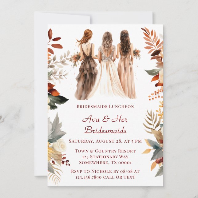 Fall Burgundy Orange Floral Bridesmaids Luncheon  Invitation (Front)
