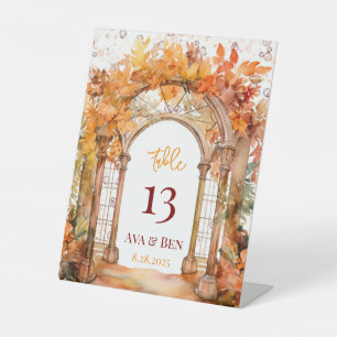 Fall Burgundy Orange Floral Wedding Table Number Pedestal Sign