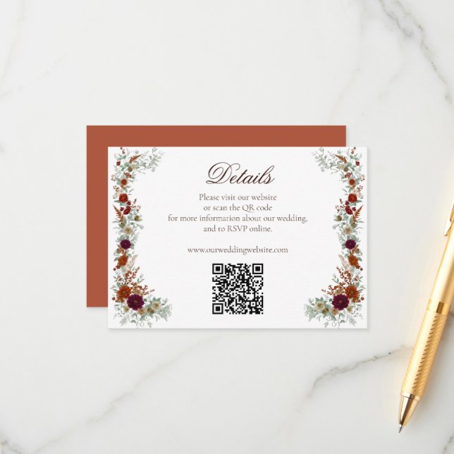 Fall Burgundy & Orange Florals Wedding QR Code Enclosure Card (Front/Back In Situ)