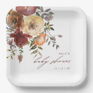 Fall Burgundy & Orange Flowers Baby Shower Paper Plate