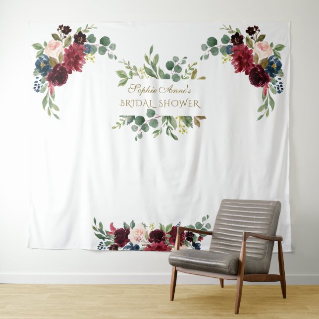 Fall Burgundy Pink Floral Bridal Shower Prop Tapestry (In Situ (Horizontal))