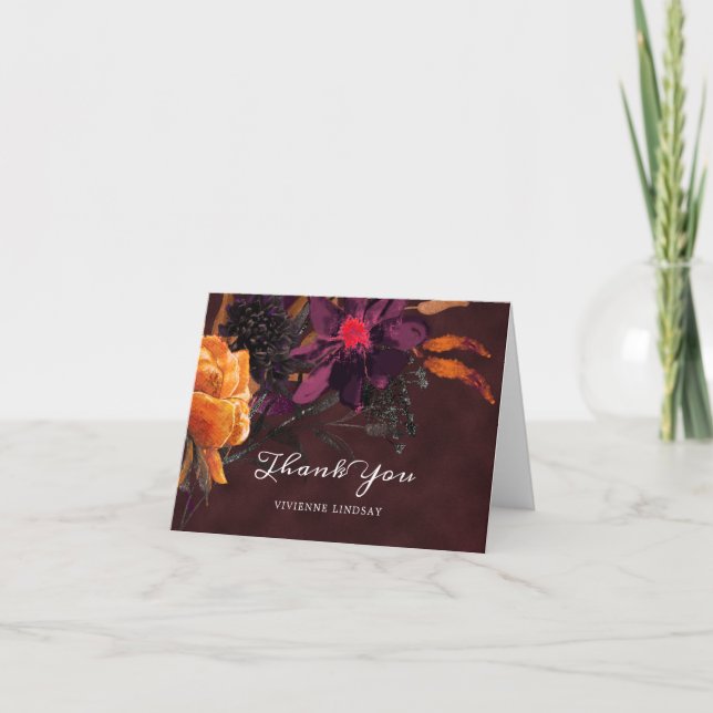 Fall Burgundy Red Floral Photo Wedding Thank You Card (Front)