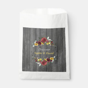 Fall Burgundy Roses Sunflowers Barn Wood Wedding Favour Bag