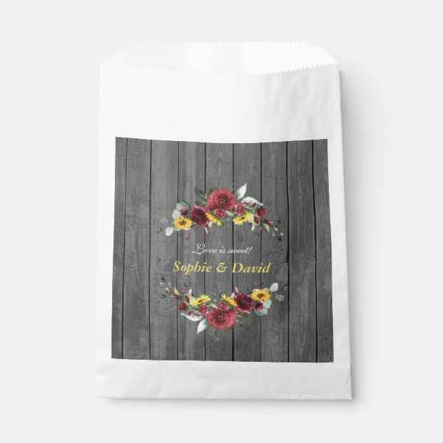 Fall Burgundy Roses Sunflowers Barn Wood Wedding Favour Bag (Front)