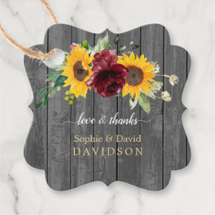 Fall Burgundy Roses Sunflowers Grey Wood Wedding Favour Tags
