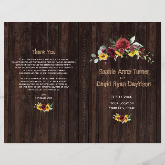 Fall Burgundy Roses Sunflowers Old Wood Program Flyer (Front)