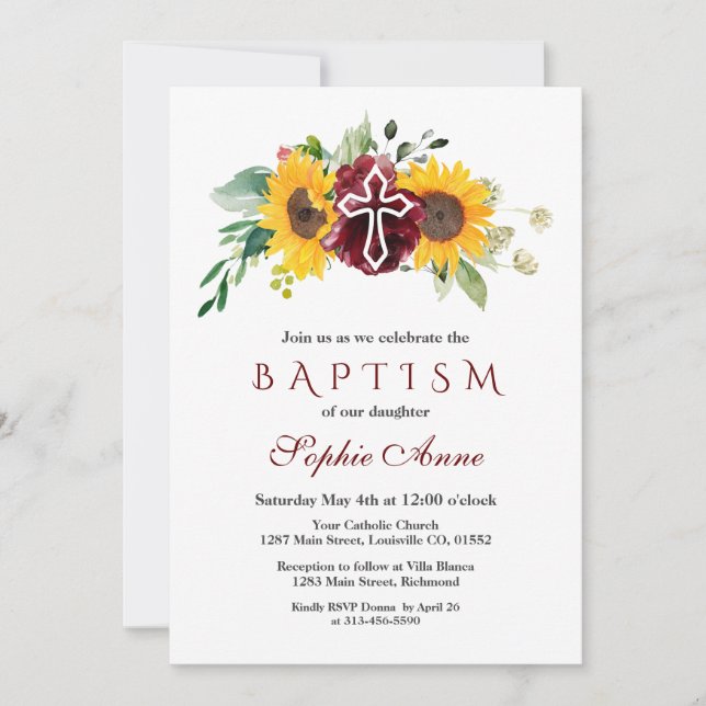 Fall Burgundy Sunflower White Cross Baptism Invitation (Front)