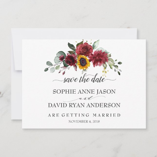 Fall Burgundy Sunflowers Wedding Calligraphy Save The Date (Front)