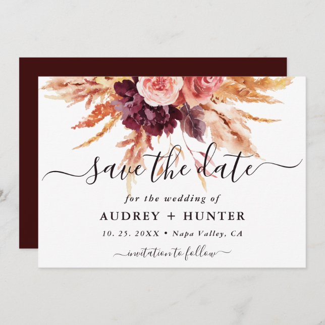 Fall Burgundy Terracotta Floral Wedding Photo Save The Date (Front/Back)
