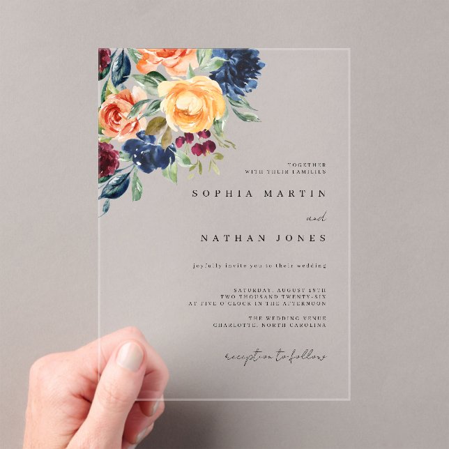 Fall Burgundy Watercolor Florals Wedding   Acrylic Invitations (Insitu (Handheld))