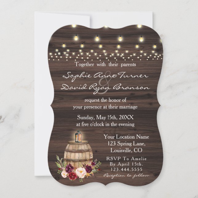 Fall Burgundy Wine Barrel Floral Barn Wedding Invitation (Front)