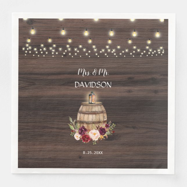 Fall Burgundy Wine Barrel Floral Wedding Napkin (Front)