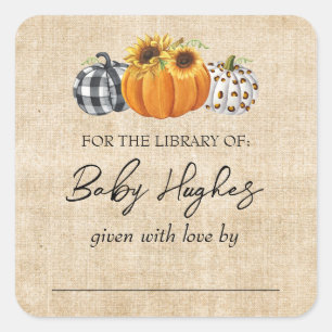 Fall Burlap Pumpkin Baby Shower Library Bookplate Square Sticker
