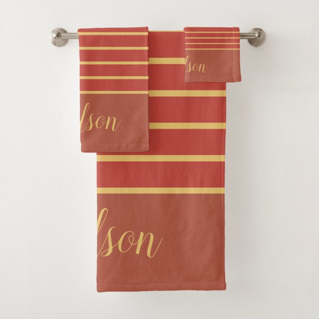 Fall Burnt Orange and Gold Last Name Striped Bath Towel Set (Insitu)