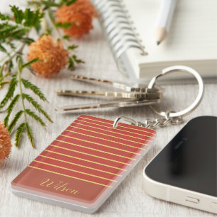 Fall Burnt Orange and Gold Last Name Striped Key Ring