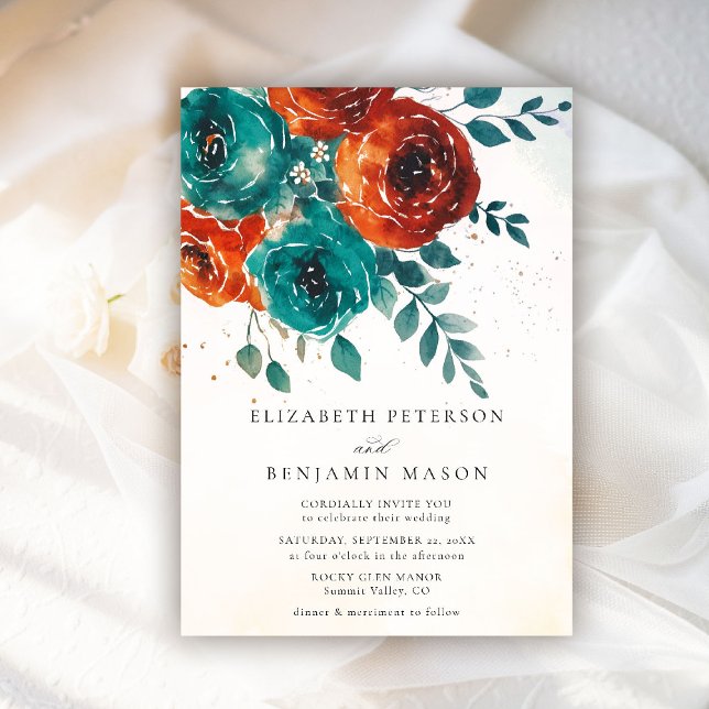 Fall Burnt Orange Roses Teal Greenery Wedding Invitation (fall wedding invitation teal burnt orange terracotta watercolor whimsical floral rustic barn)