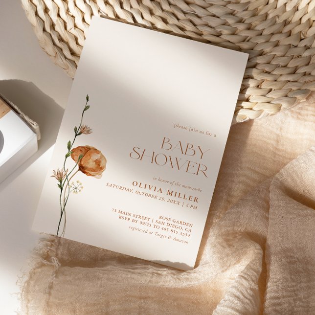 Fall Burnt Orange Wildflower Baby Shower Invitation (Creator Uploaded)