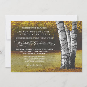 Fall Carved Heart Birch Tree Wedding Invitations