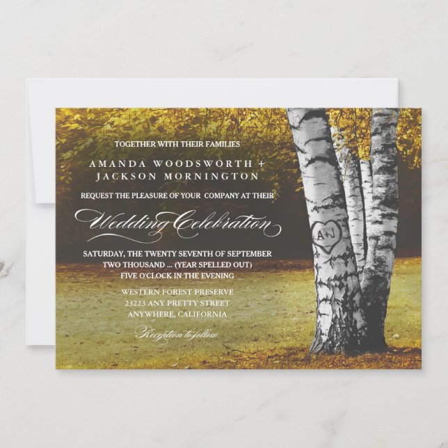 Fall Carved Heart Birch Tree Wedding Invitations (Front)