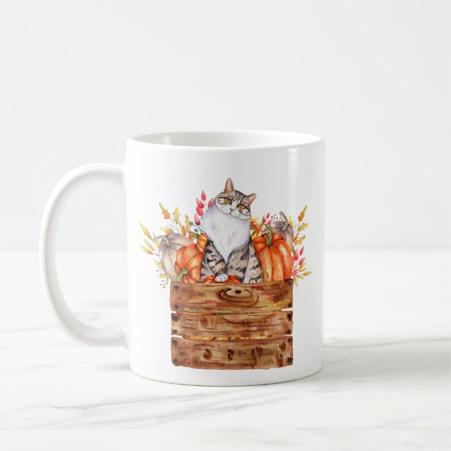 Fall cat and pumpkins in box  coffee mug (Left)