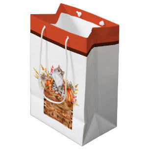 Fall cat and pumpkins in box  medium gift bag