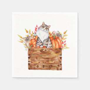 Fall cat and pumpkins in box  napkin