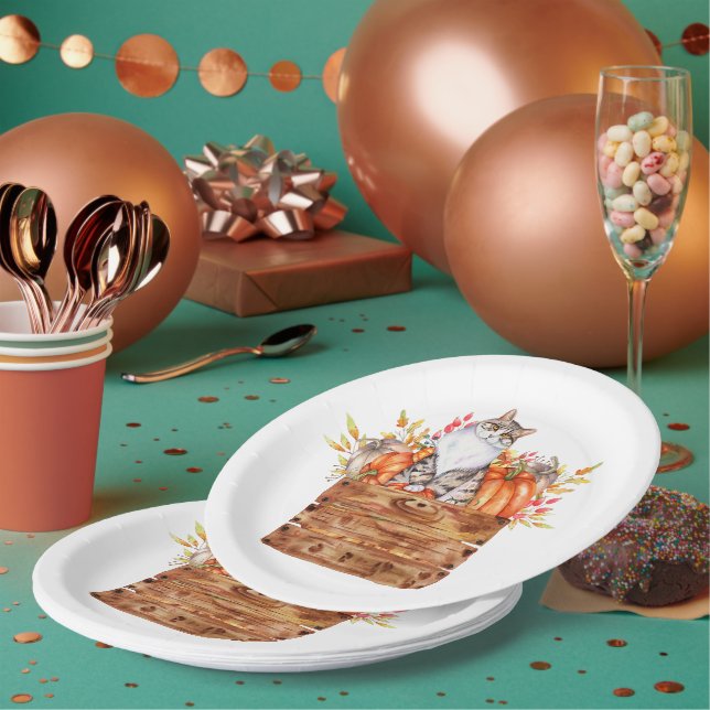 Fall cat and pumpkins in box  paper plate (Multi)