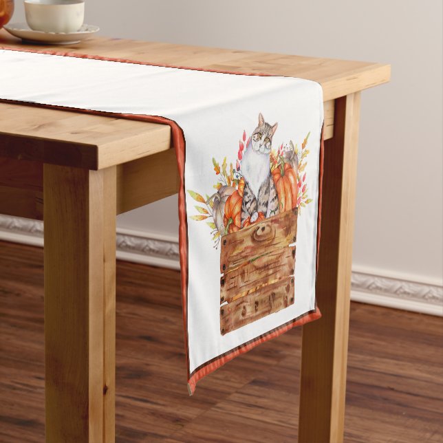 Fall cat and pumpkins in box  short table runner (In Situ)