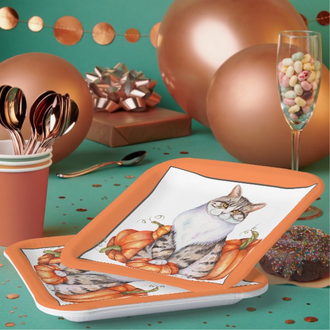 Fall cat and pumpkins paper plate (Multi)