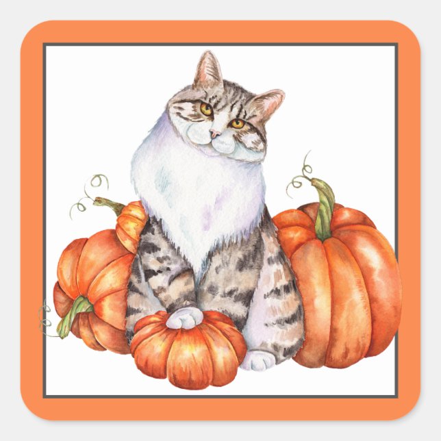 Fall cat and pumpkins  square sticker (Front)