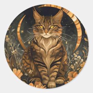 Fall cat moon golden flowers classic round sticker