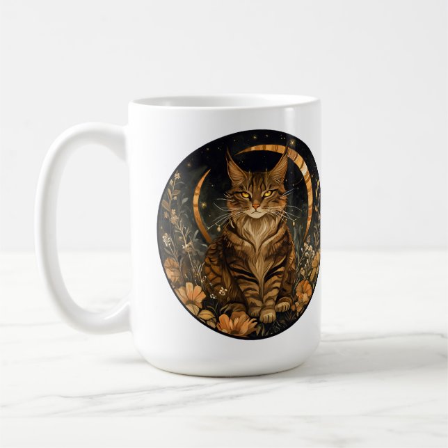 Fall cat moon golden flowers coffee mug (Left)