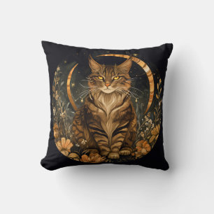 Fall cat moon golden flowers cushion