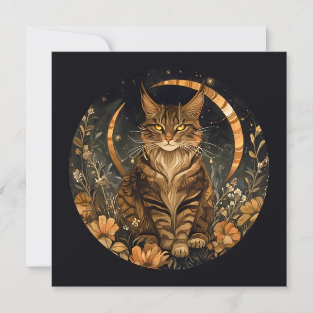 Fall cat moon golden flowers invitation (Front)
