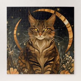 Fall cat moon golden flowers jigsaw puzzle